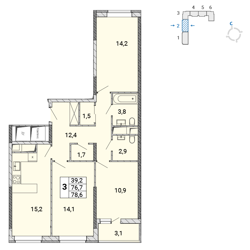 3 комн. квартира, 78.5 м², 16 этаж 