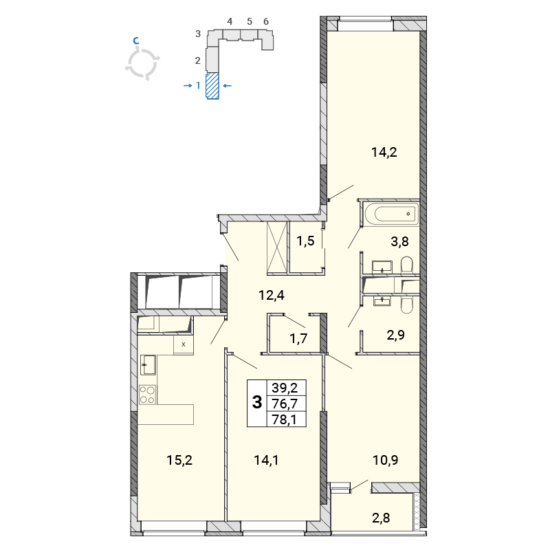 3 комн. квартира, 78.3 м², 16 этаж 