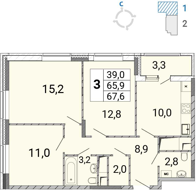3 комн. квартира, 67.7 м², 9 этаж 