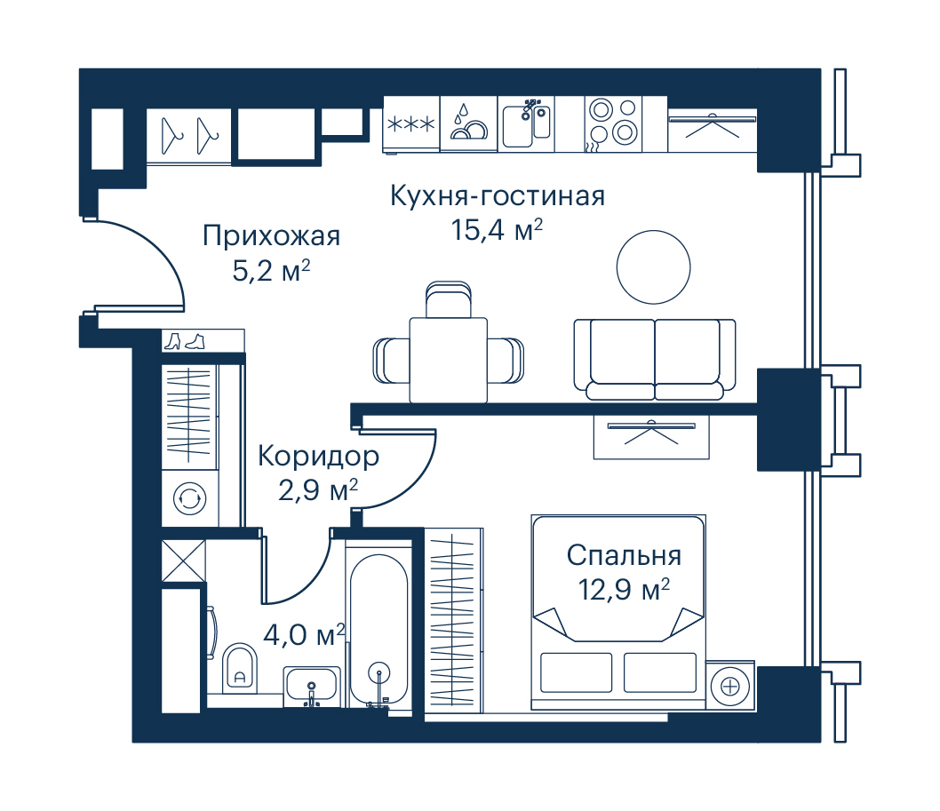 1 комн. квартира, 40.4 м², 18 этаж 