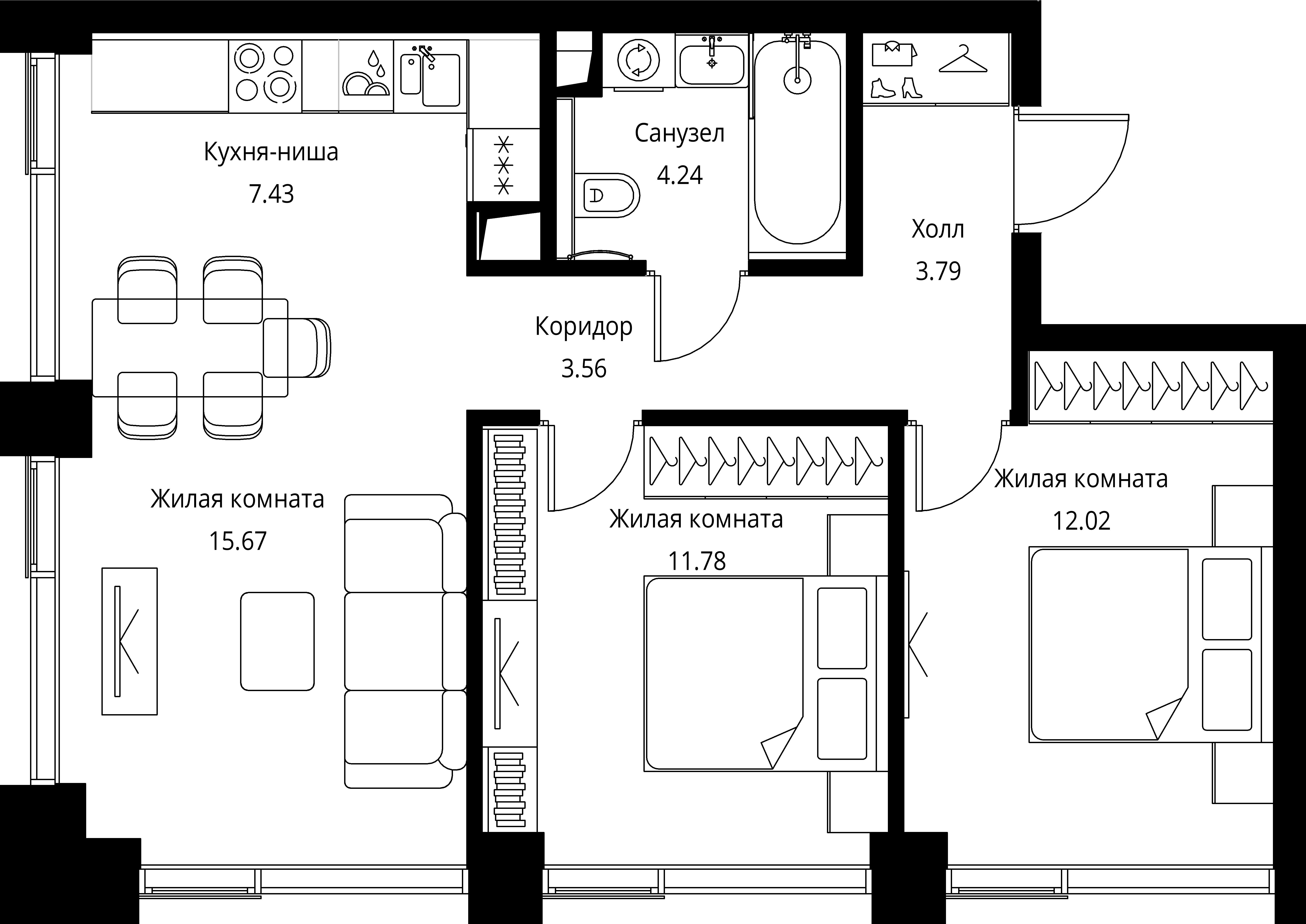 3 комн. квартира, 58.5 м², 4 этаж 