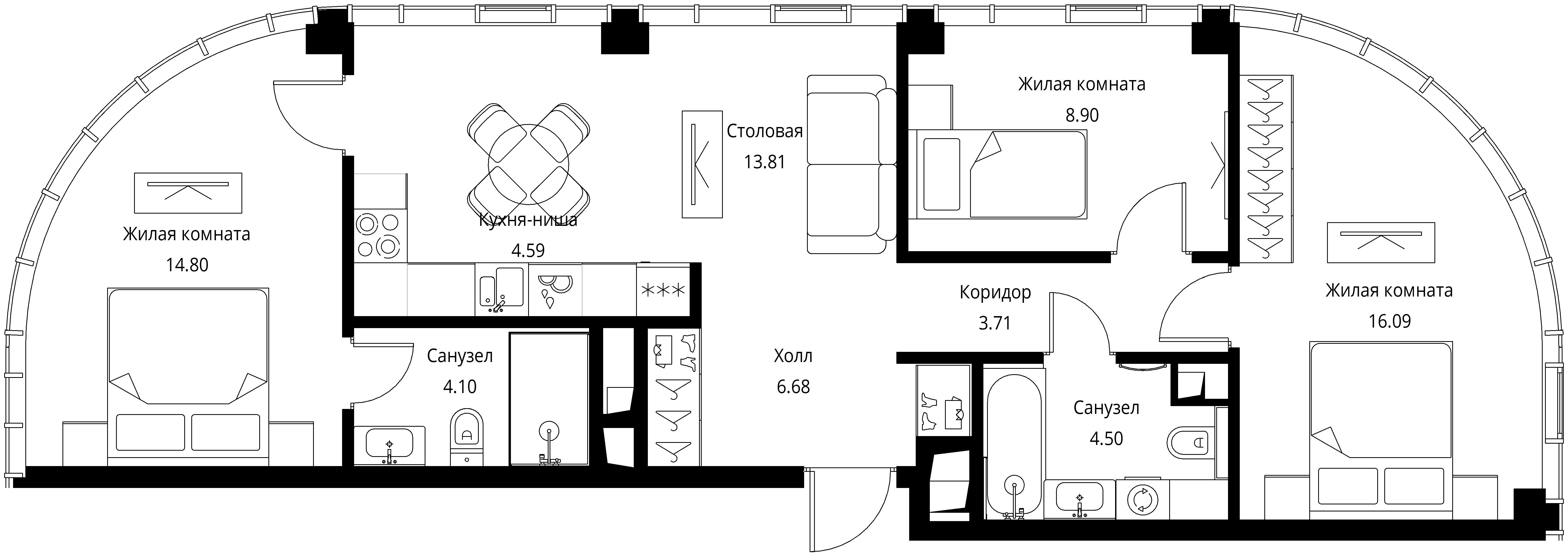 3 комн. квартира, 77.2 м², 41 этаж 