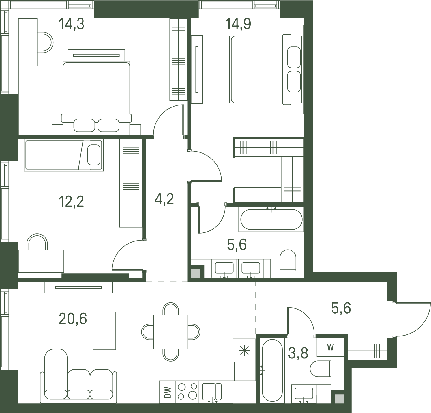 3 комн. квартира, 81.2 м², 23 этаж 