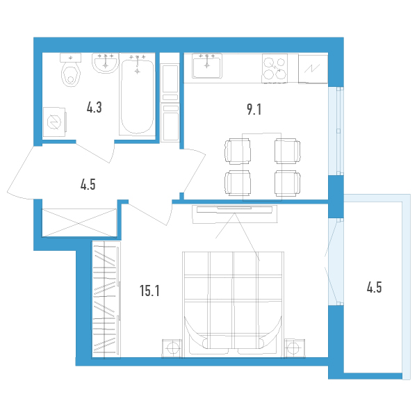 1 комн. квартира, 34.4 м², 8 этаж 