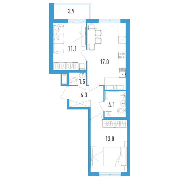 1 комн. квартира, 55.8 м², 10 этаж 