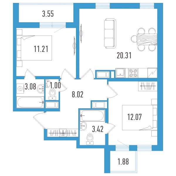 1 комн. квартира, 61.8 м², 3 этаж 