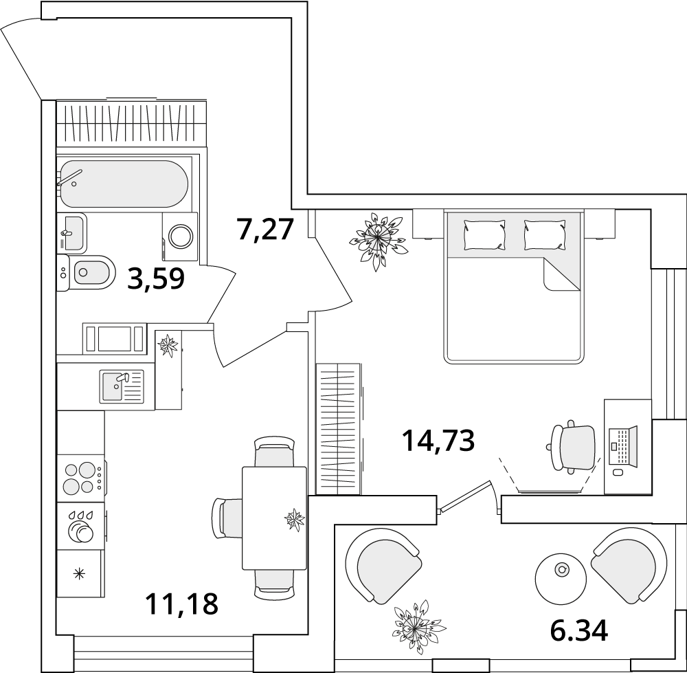 1 комн. квартира, 39.9 м², 6 этаж 
