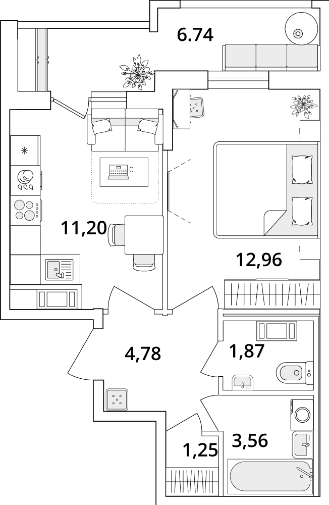 1 комн. квартира, 39 м², 10 этаж 