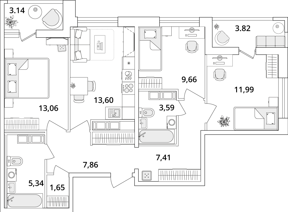 3 комн. квартира, 77.6 м², 18 этаж 