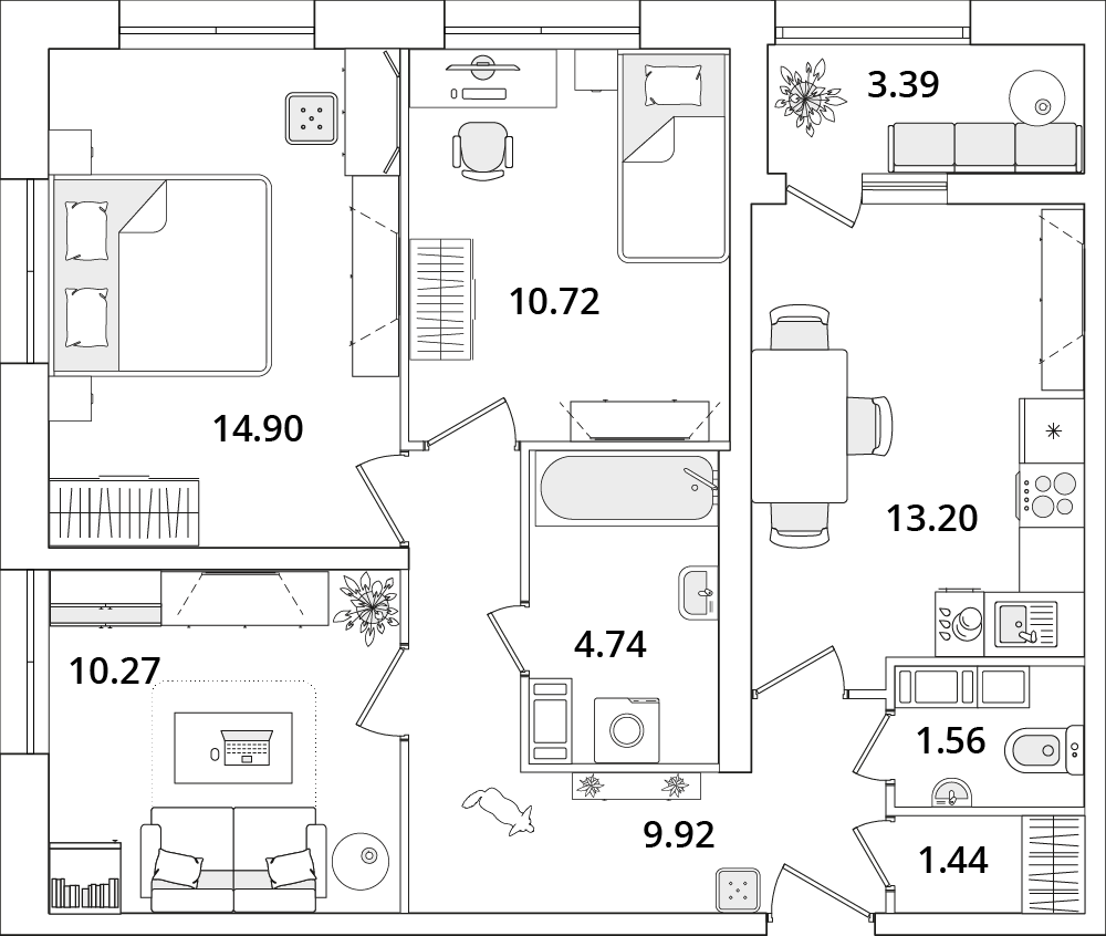 3 комн. квартира, 68.5 м², 12 этаж 