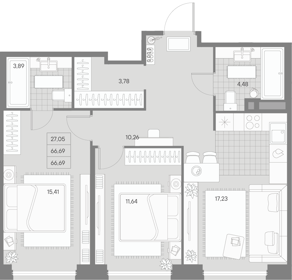 2 комн. квартира, 66.7 м², 2 этаж 