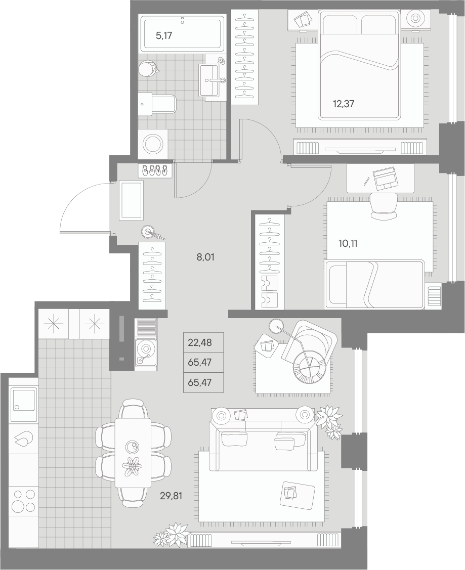2 комн. квартира, 65.5 м², 6 этаж 