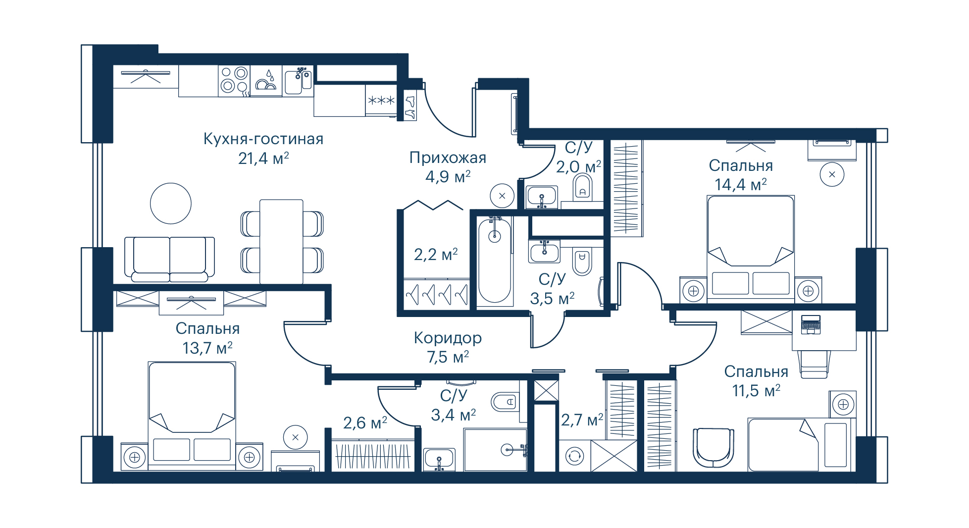 3 комн. квартира, 89.9 м², 4 этаж 