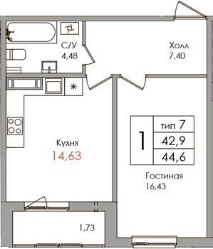 1 комн. квартира, 42.9 м², 4 этаж 