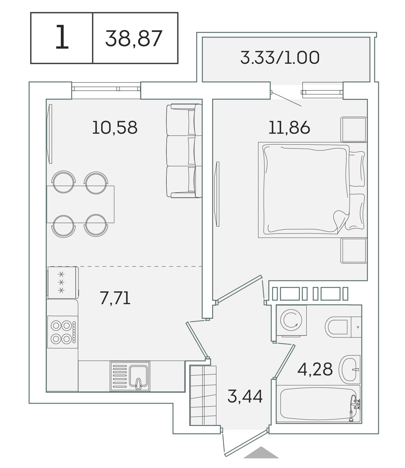 1 комн. квартира, 38.9 м², 12 этаж 