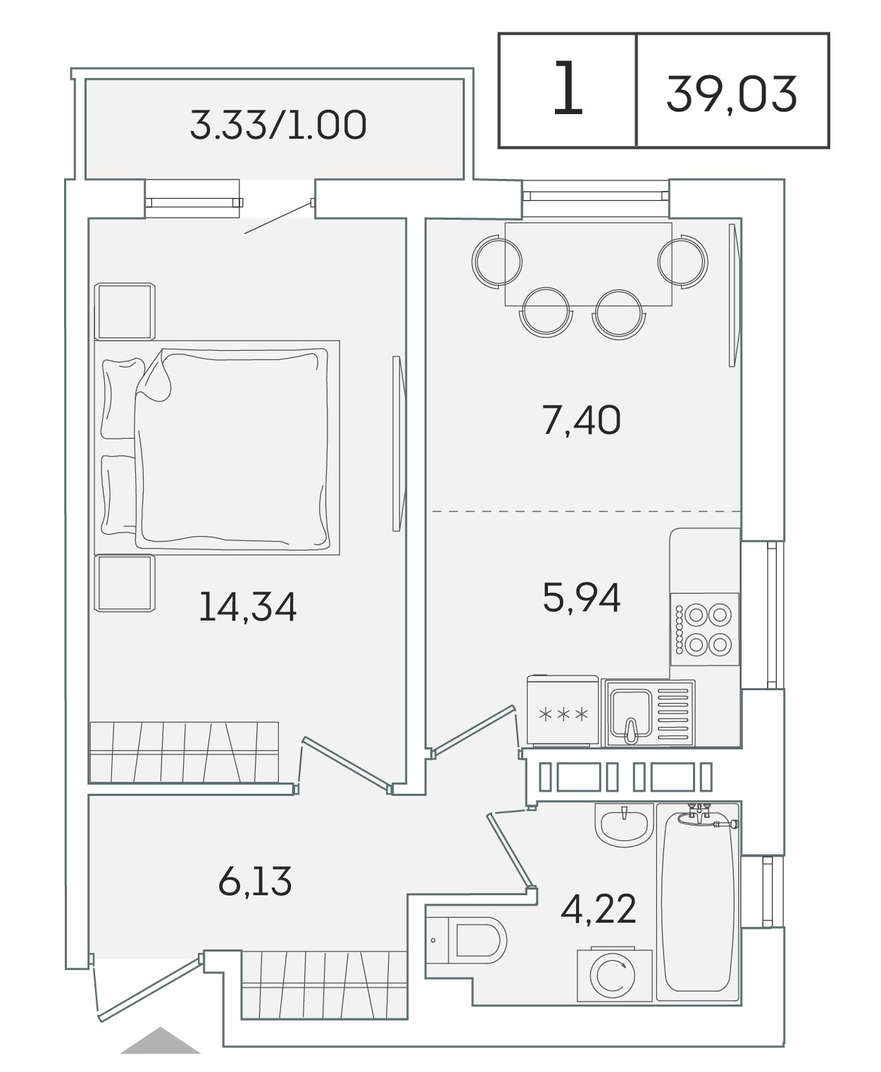 1 комн. квартира, 39 м², 10 этаж 