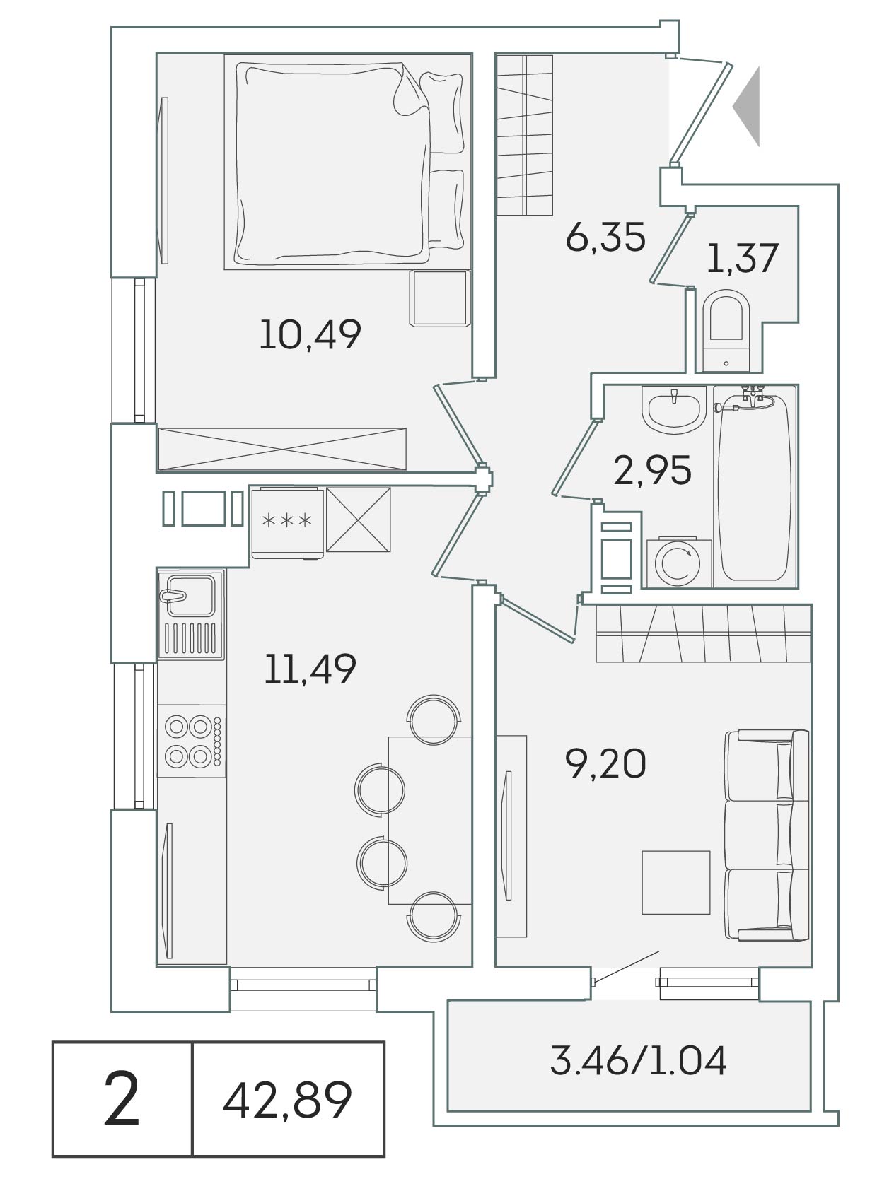 2 комн. квартира, 42.9 м², 2 этаж 