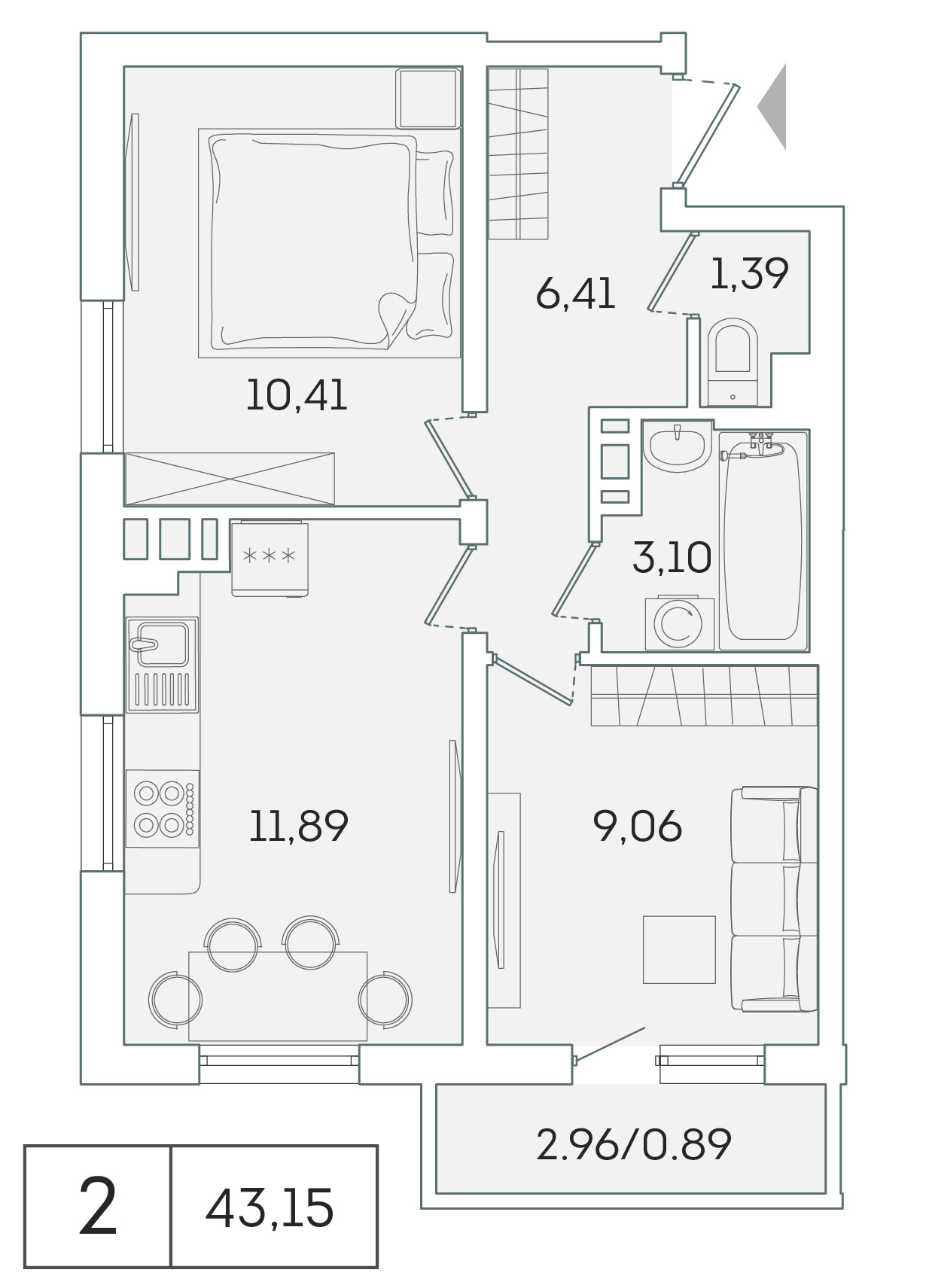 2 комн. квартира, 43.2 м², 8 этаж 