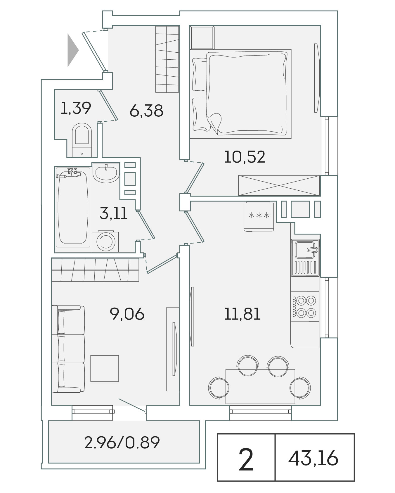 2 комн. квартира, 43.2 м², 3 этаж 