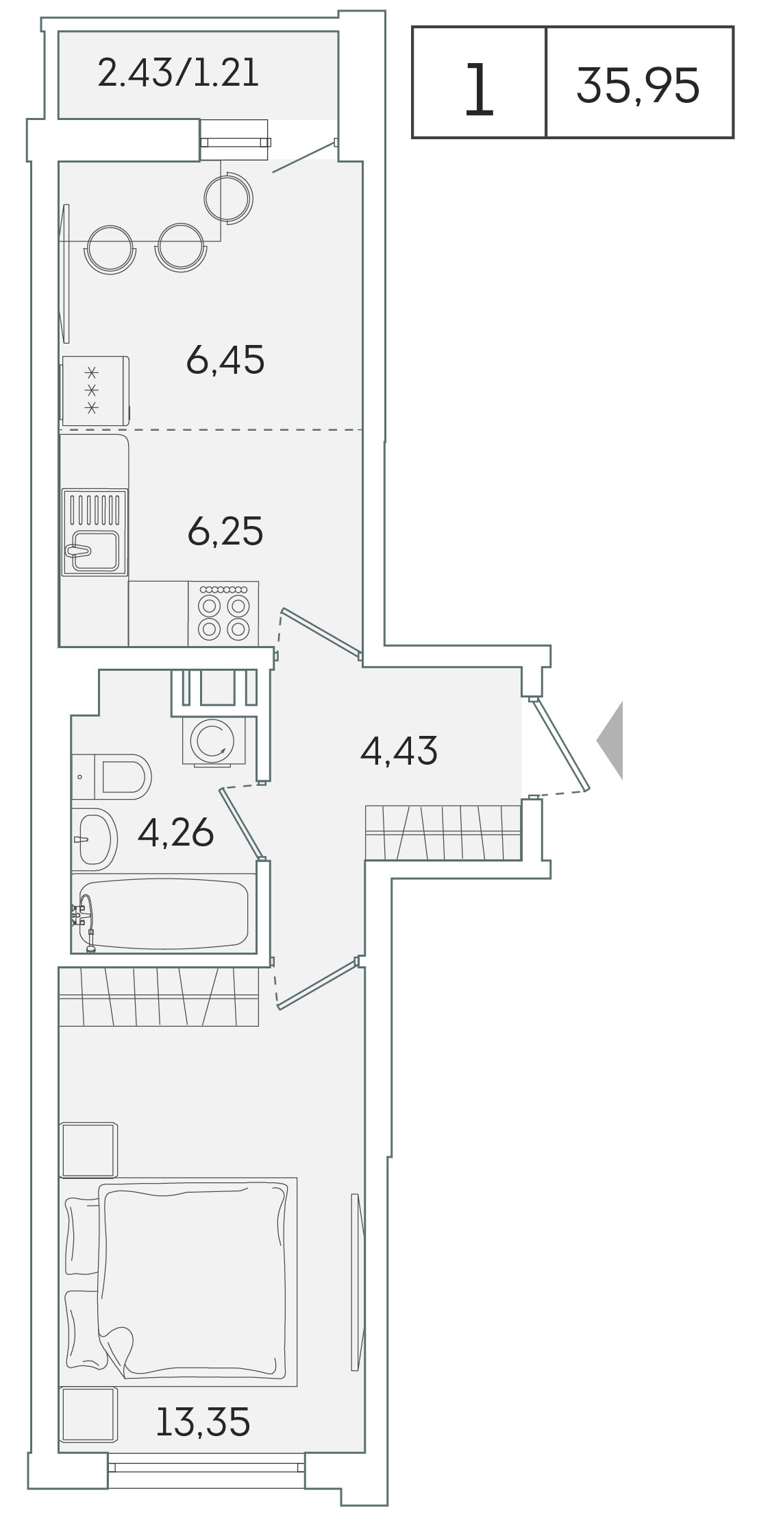 1 комн. квартира, 36 м², 9 этаж 