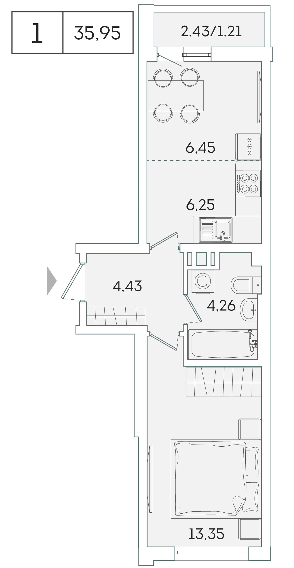 1 комн. квартира, 36 м², 7 этаж 