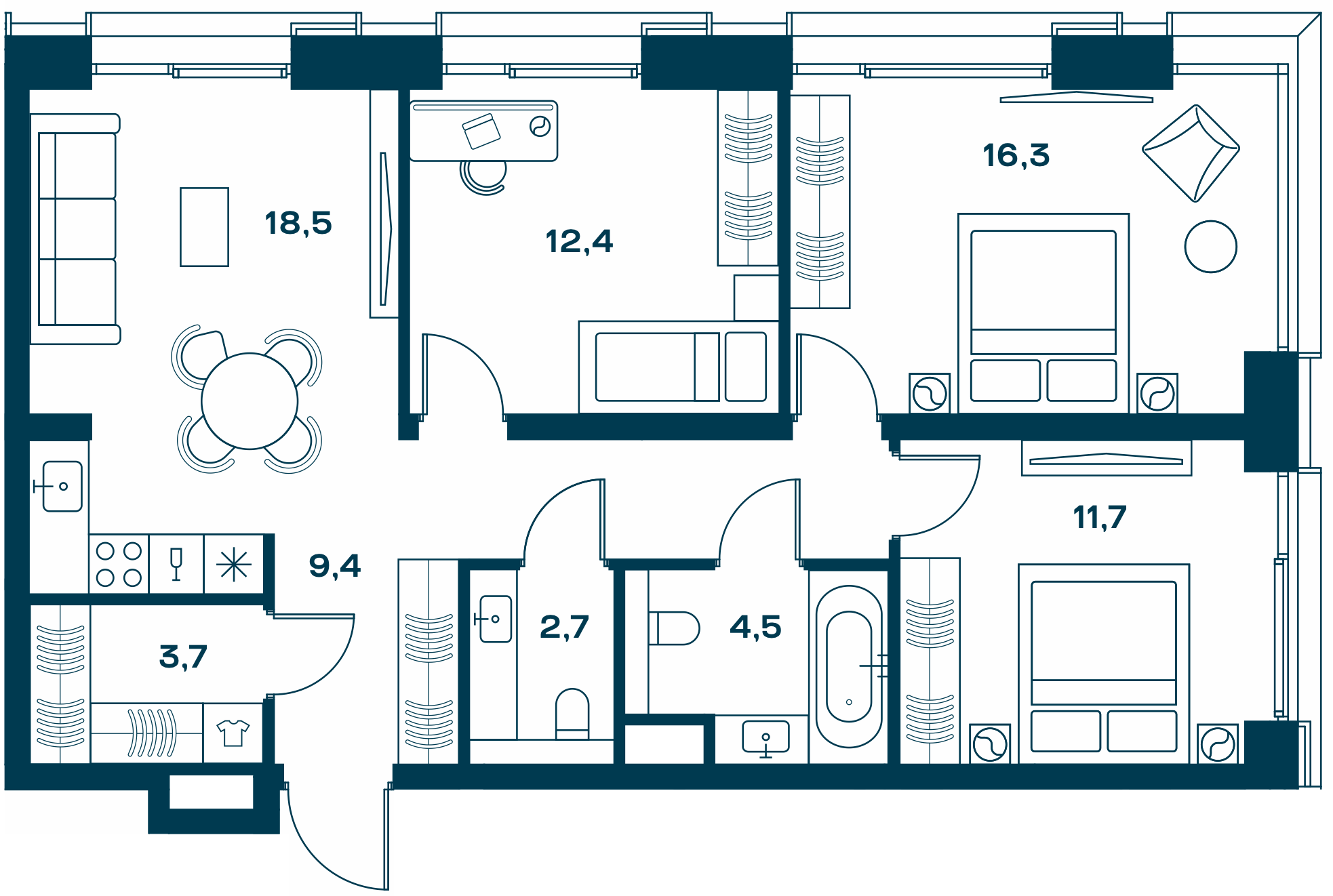 3 комн. квартира, 79.2 м², 16 этаж 