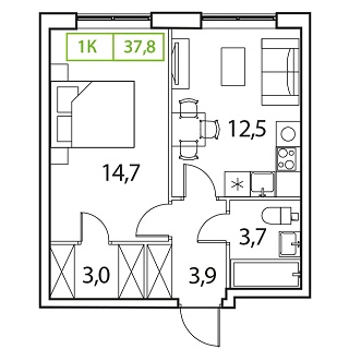 1 комн. квартира, 37.8 м², 15 этаж 