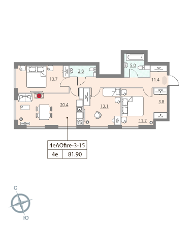 3 комн. квартира, 82 м², 15 этаж 