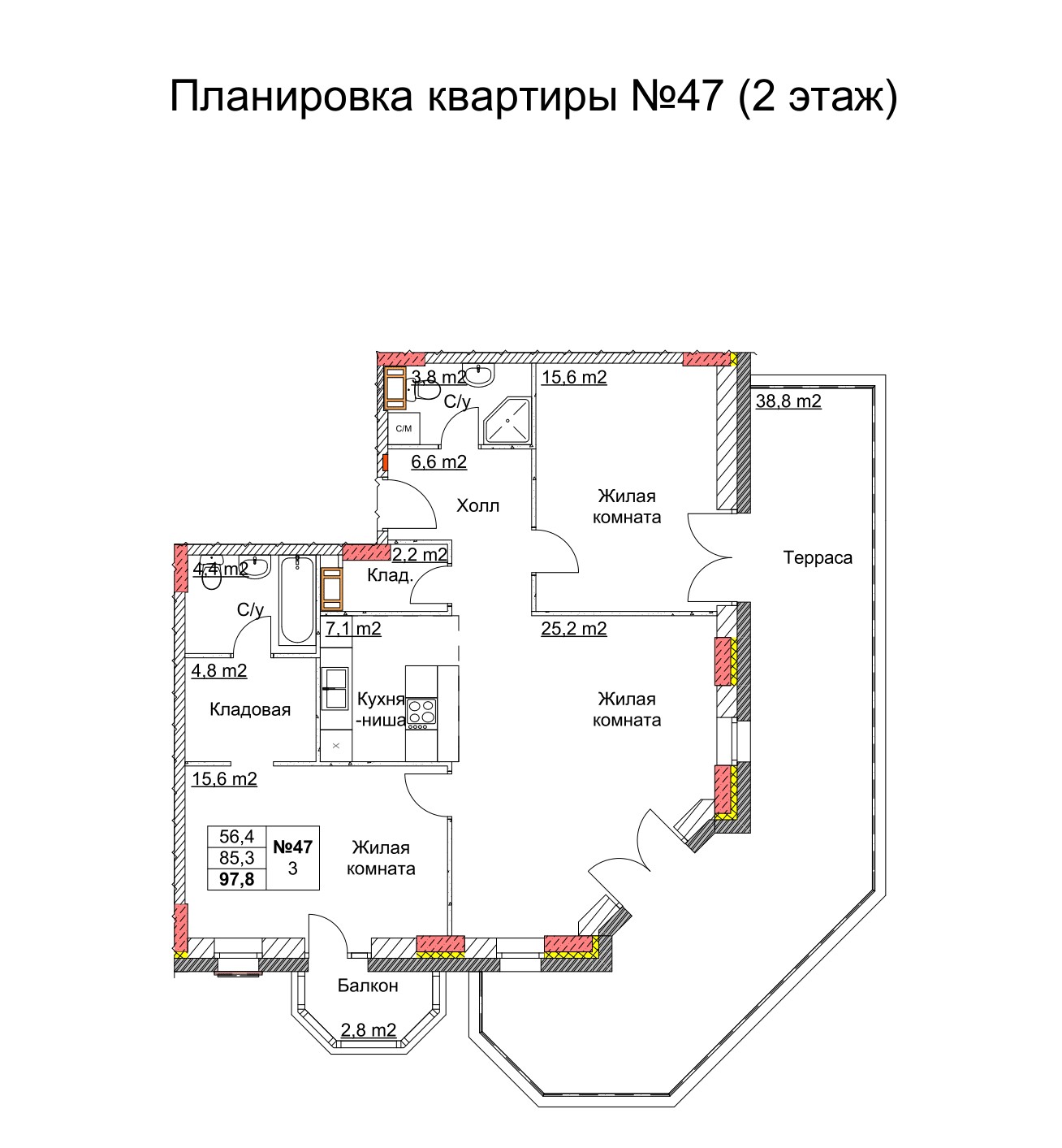 3 комн. квартира, 99.6 м², 2 этаж 