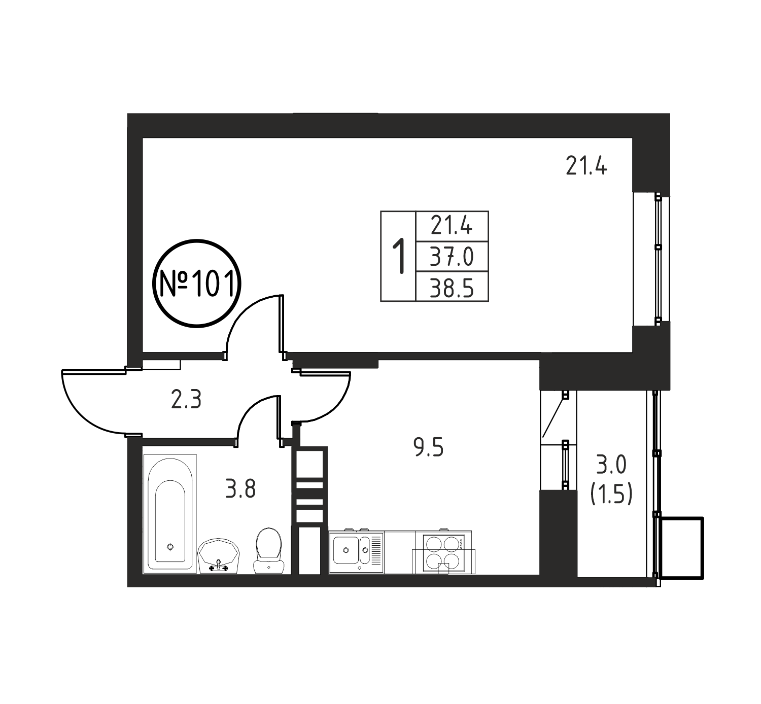 1 комн. квартира, 38.5 м², 12 этаж 