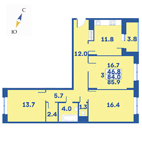 3 комн. квартира, 85.9 м², 4 этаж 