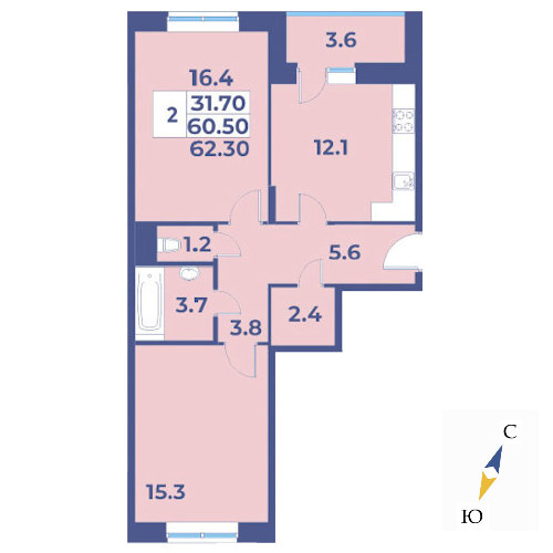 2 комн. квартира, 62.3 м², 3 этаж 