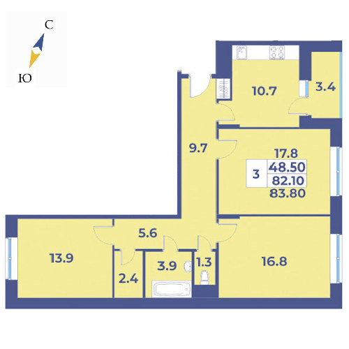 3 комн. квартира, 83.8 м², 3 этаж 