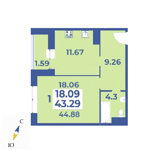 1 комн. квартира, 44.9 м², 4 этаж 