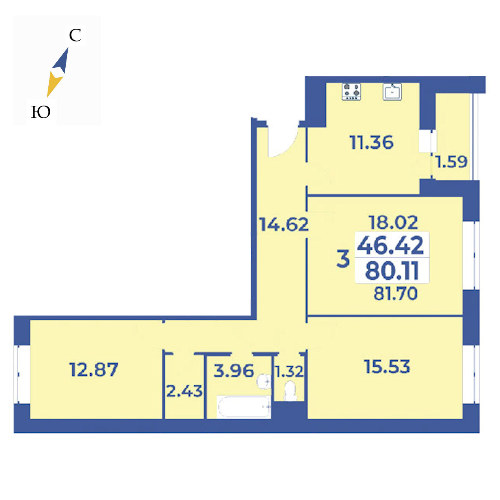 3 комн. квартира, 81.7 м², 5 этаж 