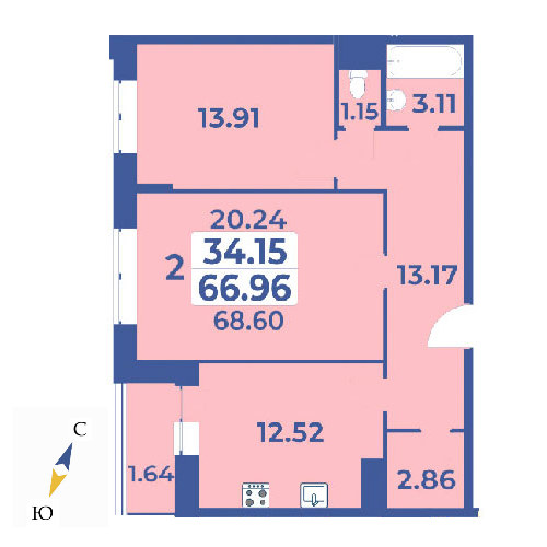 2 комн. квартира, 68.6 м², 6 этаж 