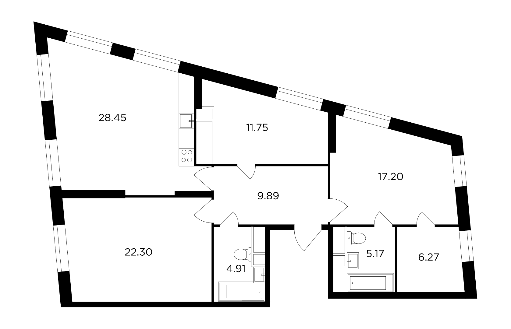 3 комн. квартира, 105.6 м², 28 этаж 