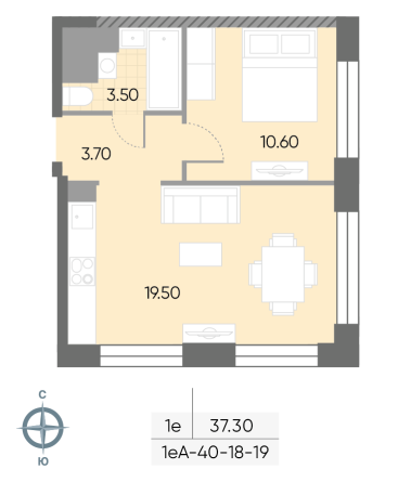 1 комн. квартира, 37.3 м², 19 этаж 