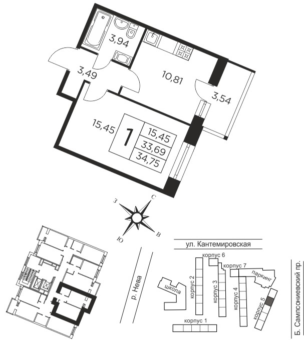 1 комн. квартира, 33.7 м², 4 этаж  (из 12)