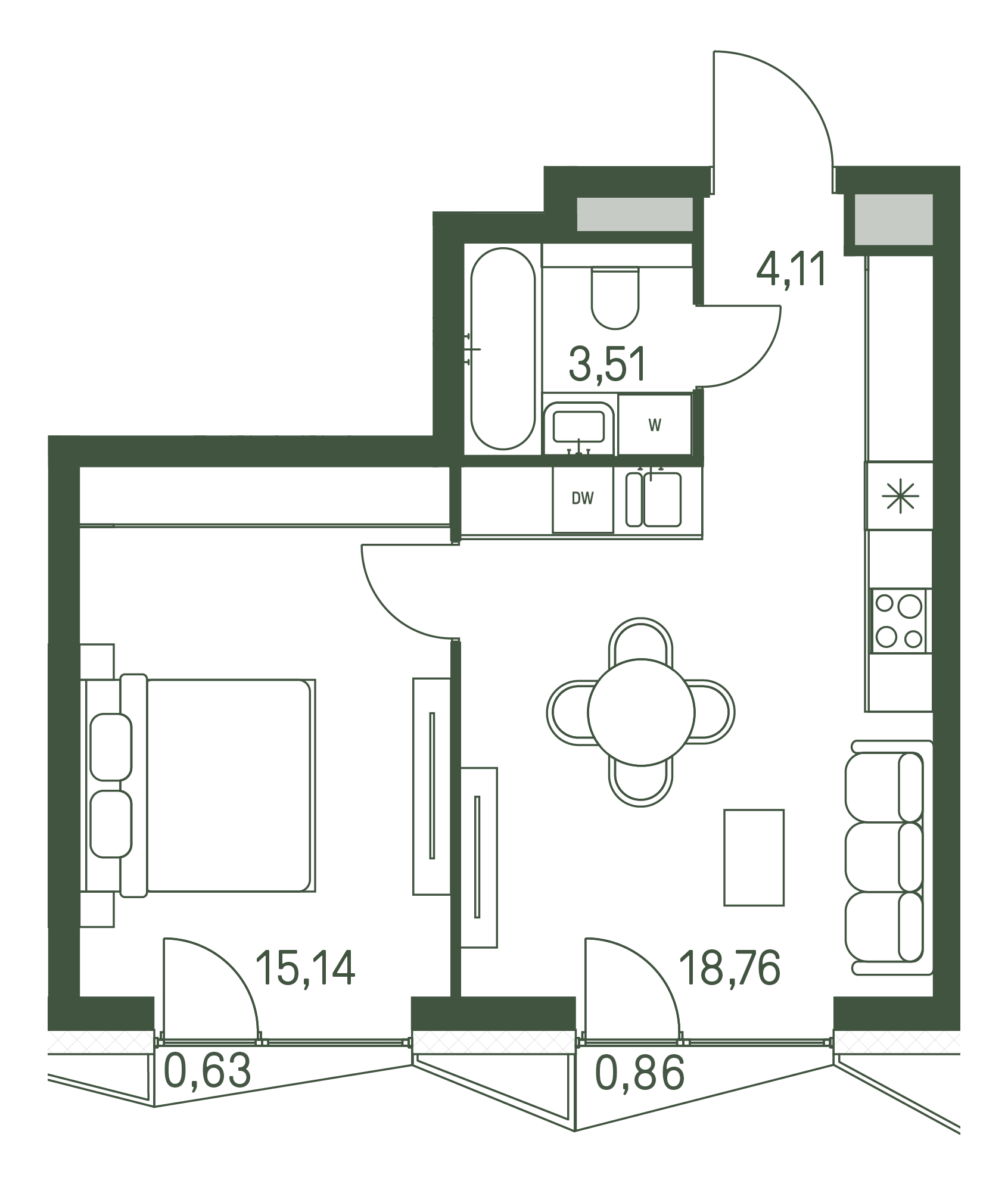 1 комн. квартира, 42 м², 23 этаж 