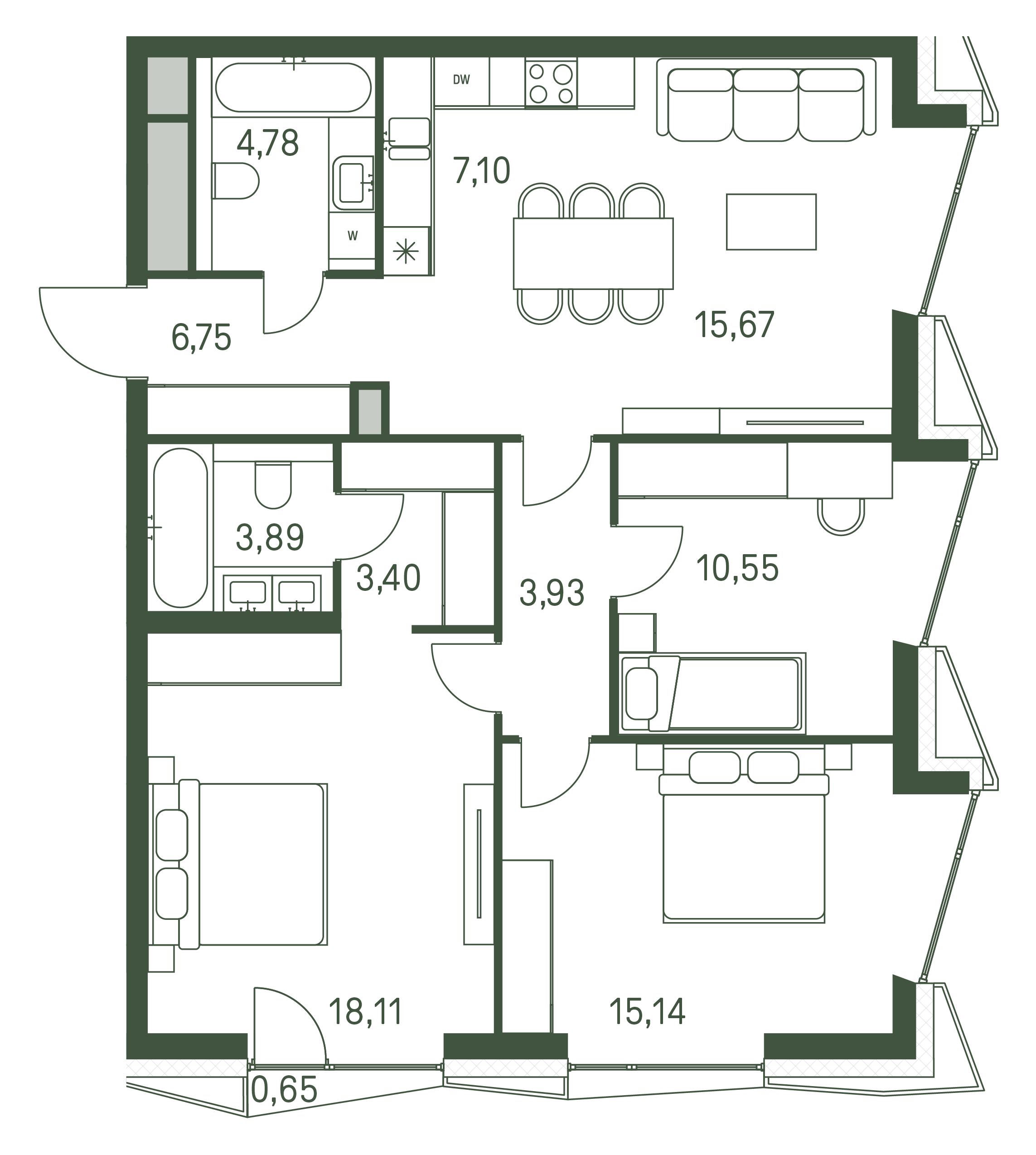 3 комн. квартира, 89.5 м², 29 этаж 