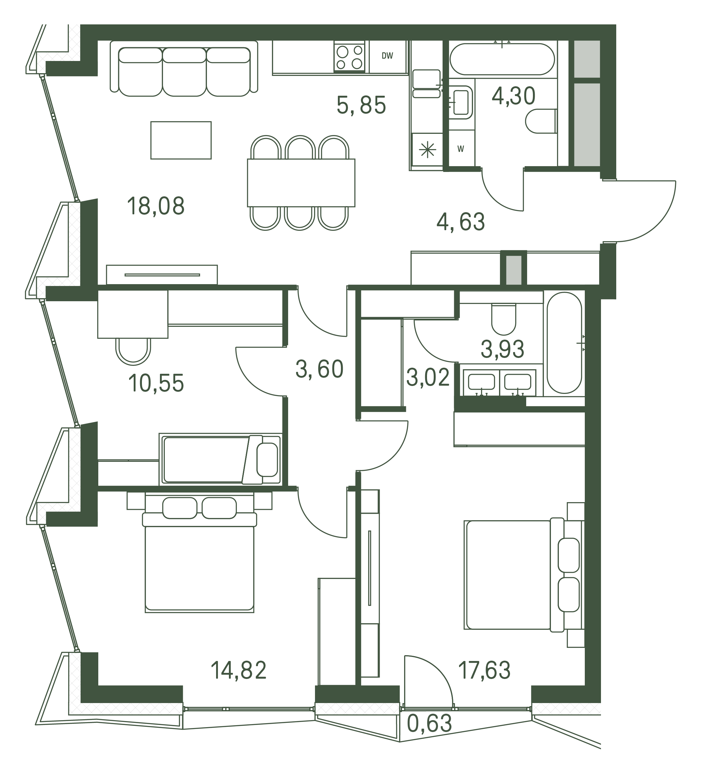 3 комн. квартира, 86.6 м², 30 этаж 