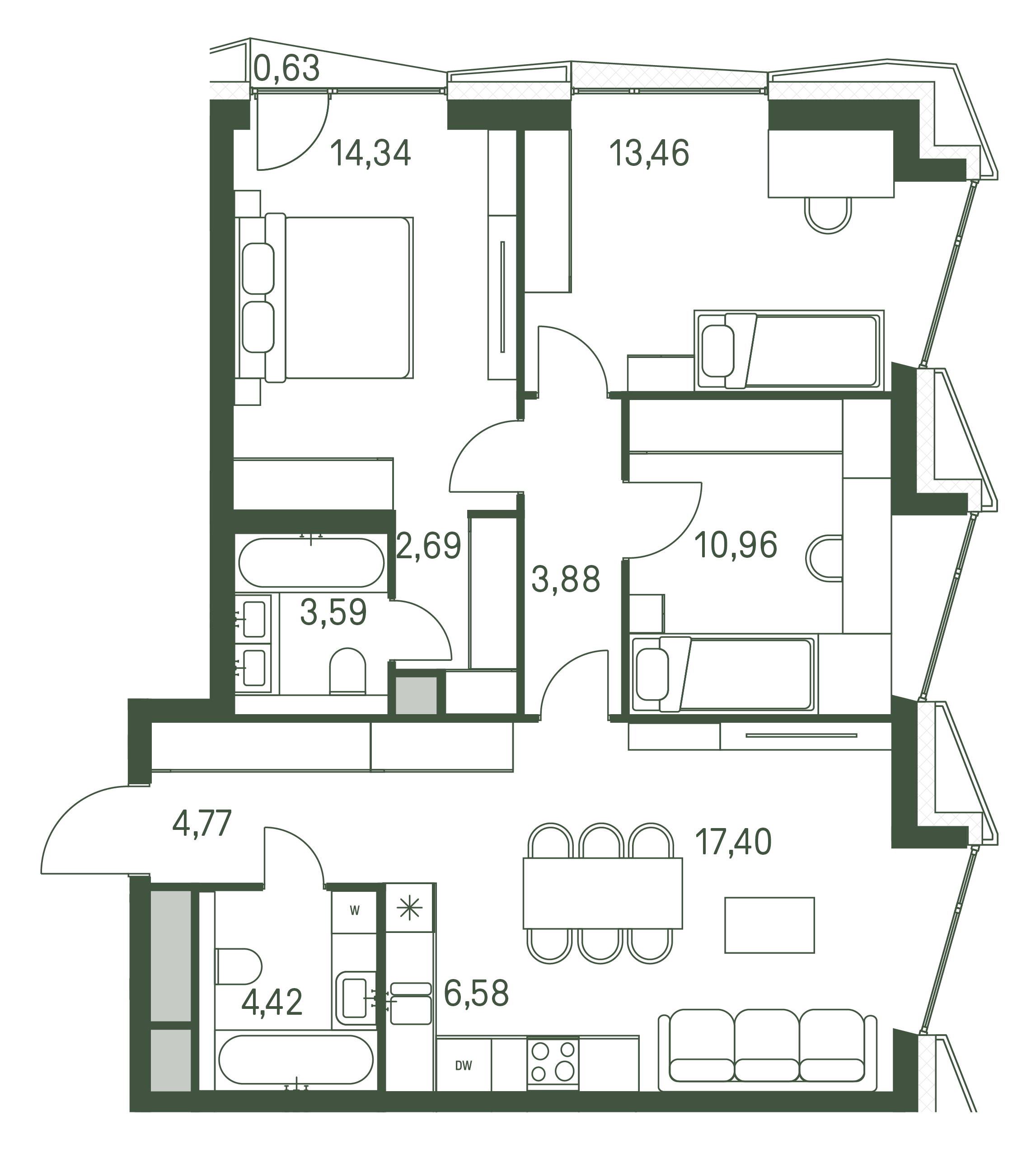 3 комн. квартира, 82.3 м², 26 этаж 