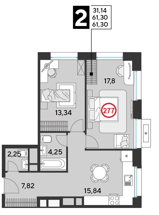 2 комн. квартира, 61.3 м², 25 этаж 