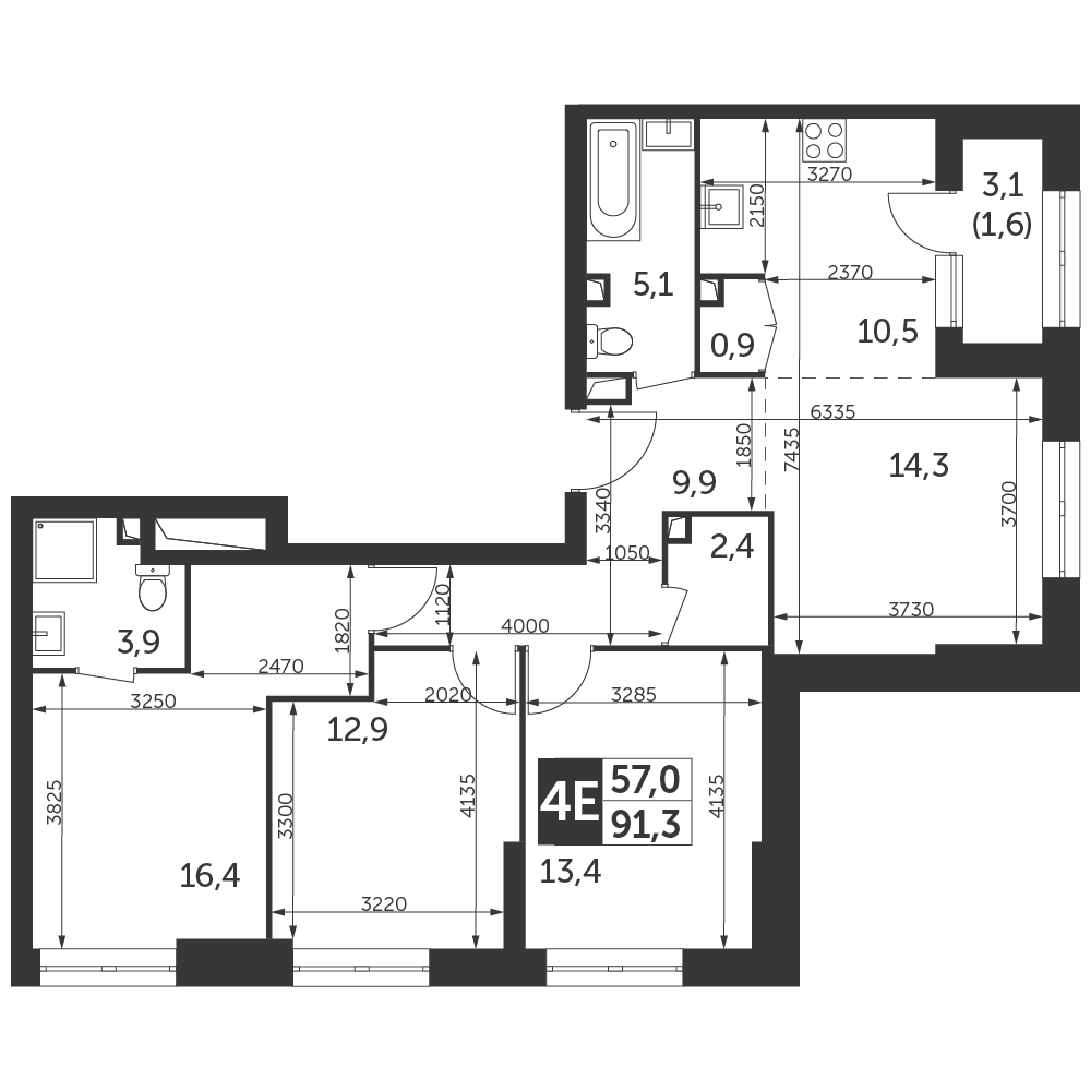 4 комн. квартира, 91.3 м², 9 этаж 