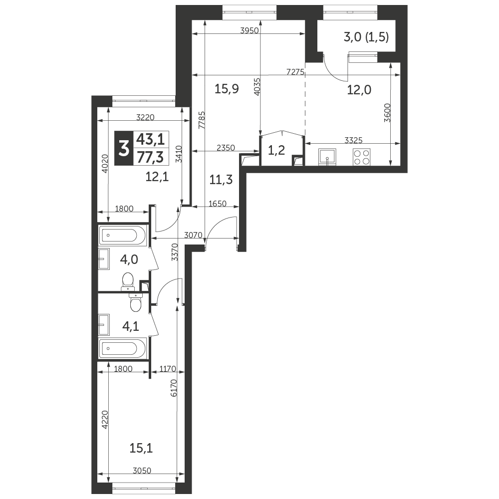3 комн. квартира, 77.3 м², 13 этаж 