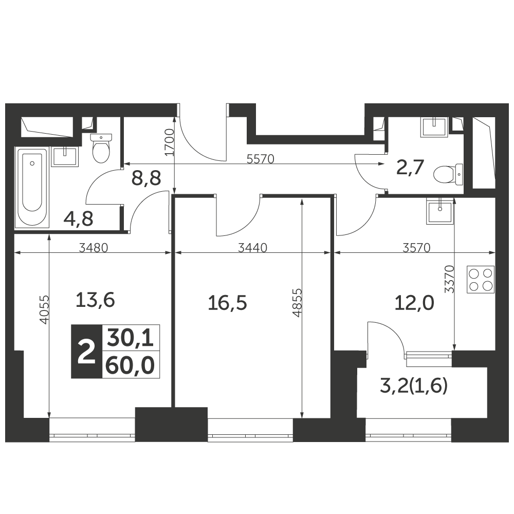 2 комн. квартира, 60 м², 2 этаж 