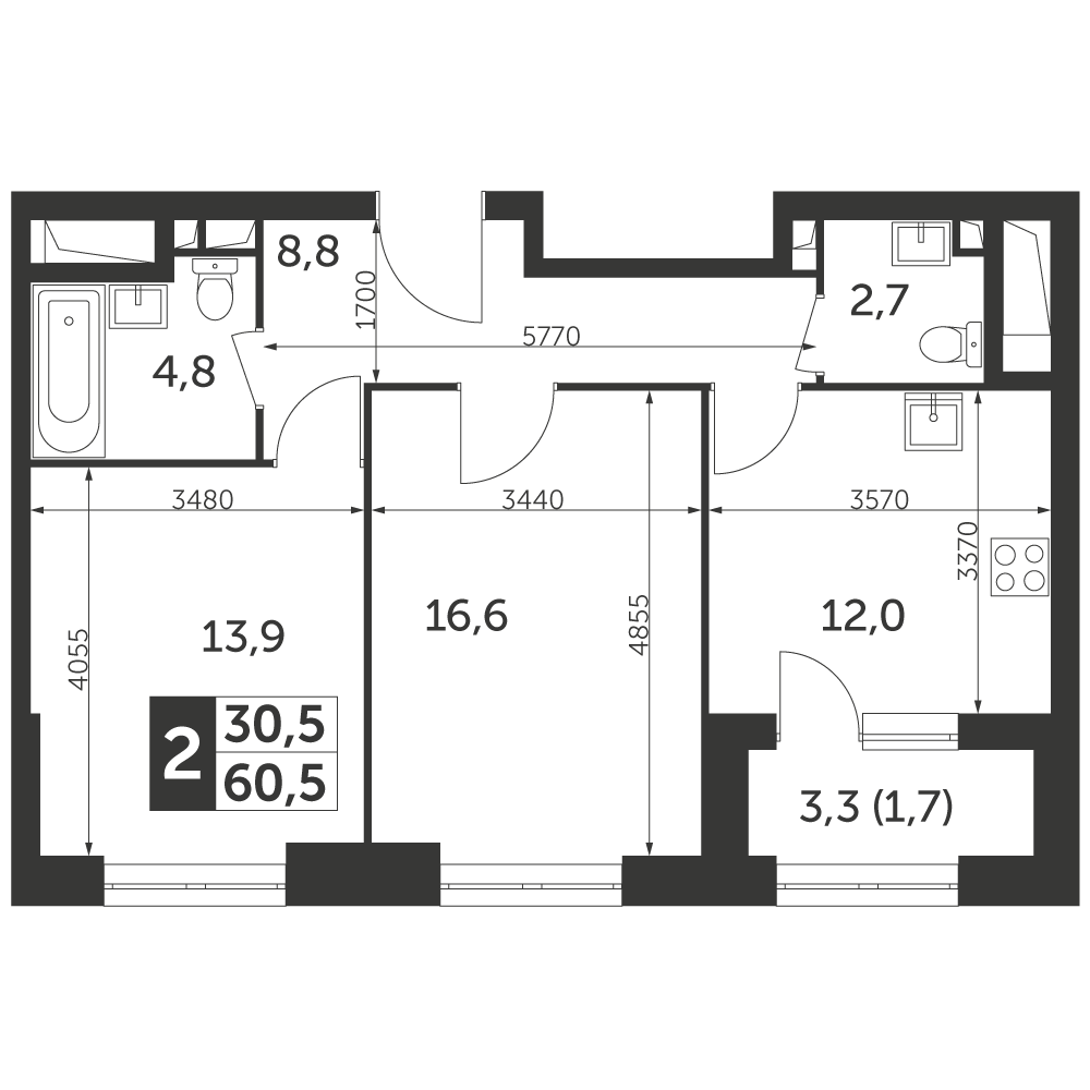 2 комн. квартира, 60.5 м², 18 этаж 