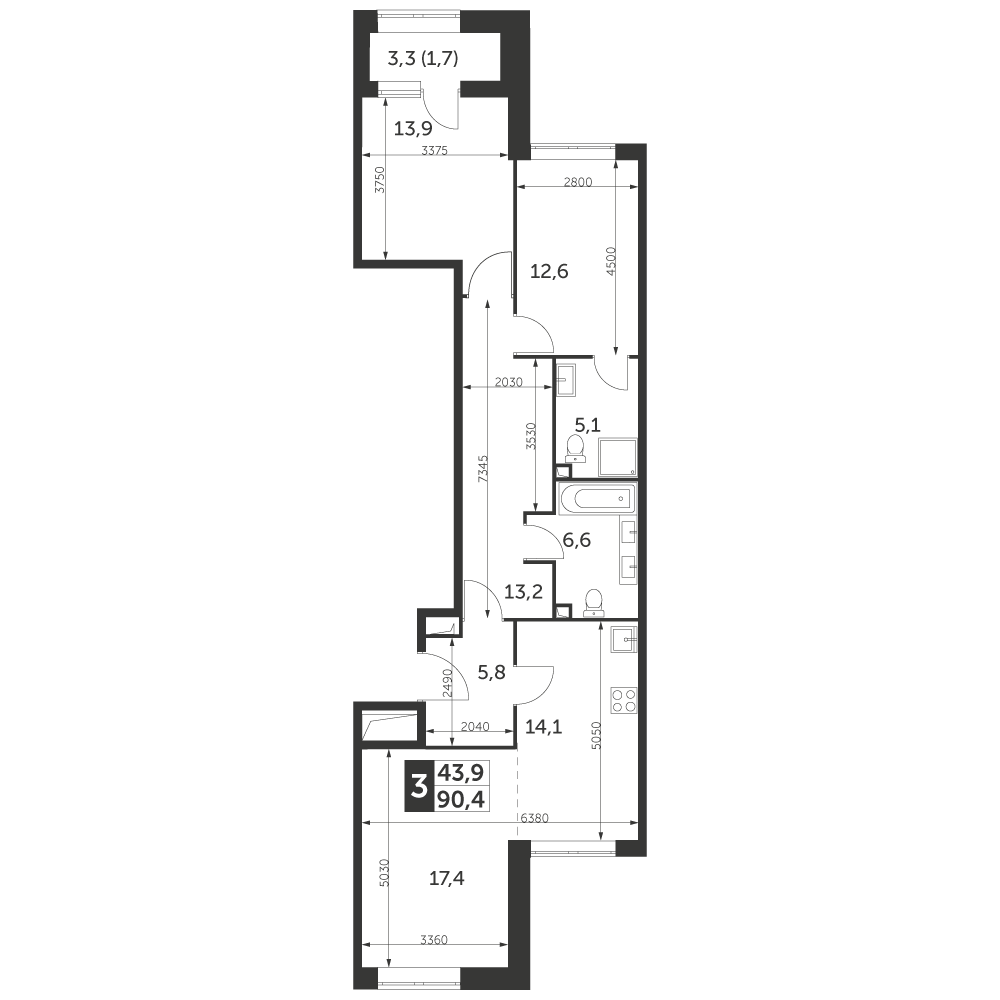 3 комн. квартира, 90.4 м², 41 этаж 