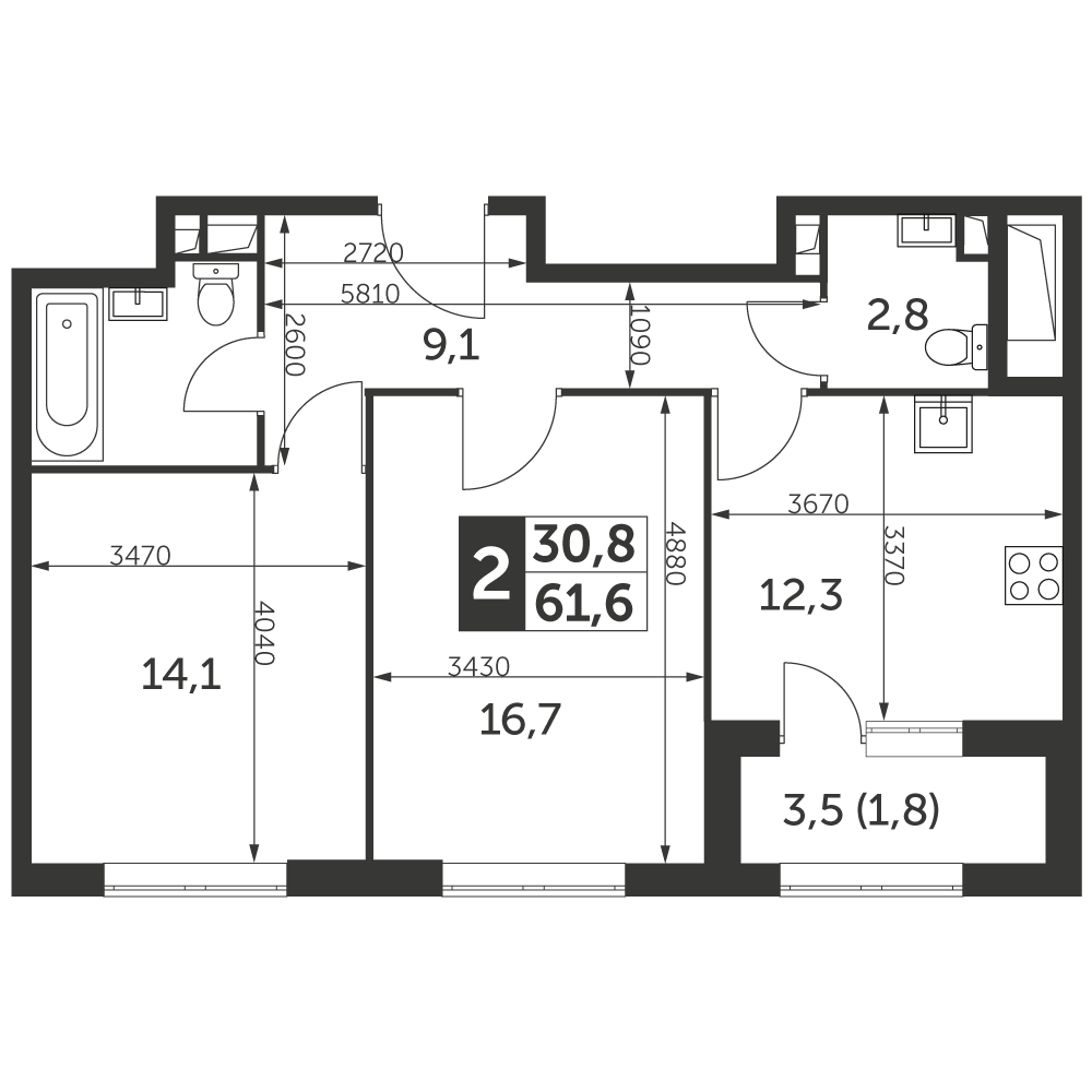2 комн. квартира, 61.6 м², 43 этаж 